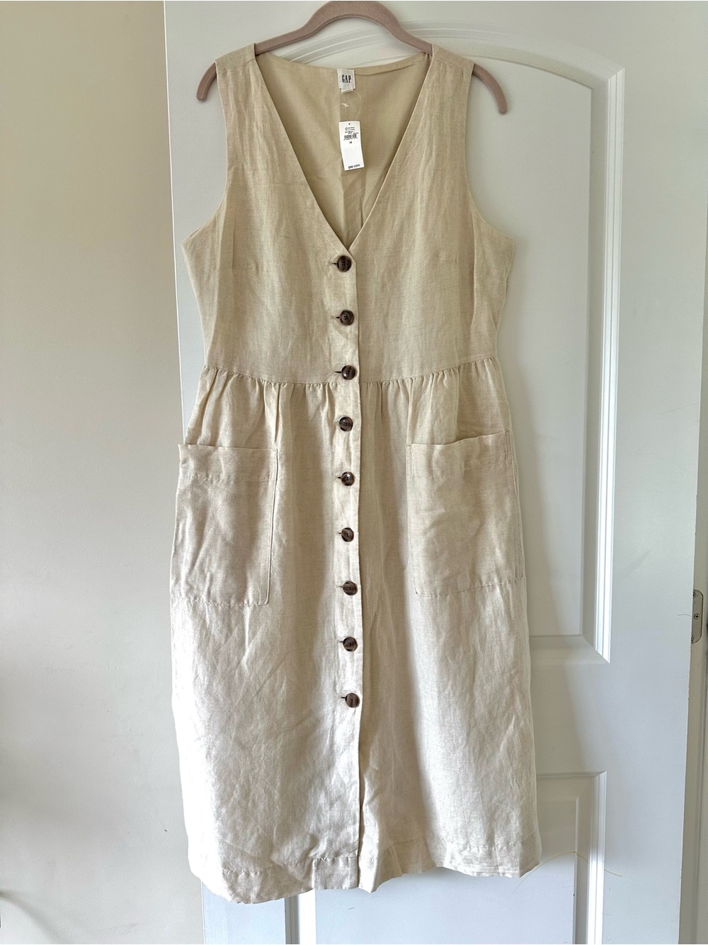 NEW Gap Linen Cotton Midi Sleeveless Button Dress Pockets 12 Tan Khaki Ivory LG - Picture 2 of 8